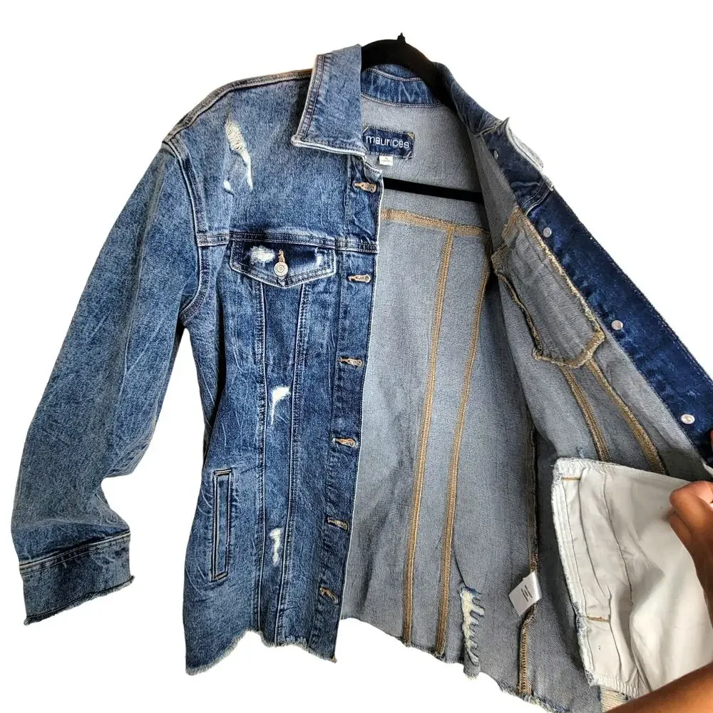 Maurices Vintage Girlfriend Distressed Long Denim Jacket Women Sz S - Picture 5 of 8